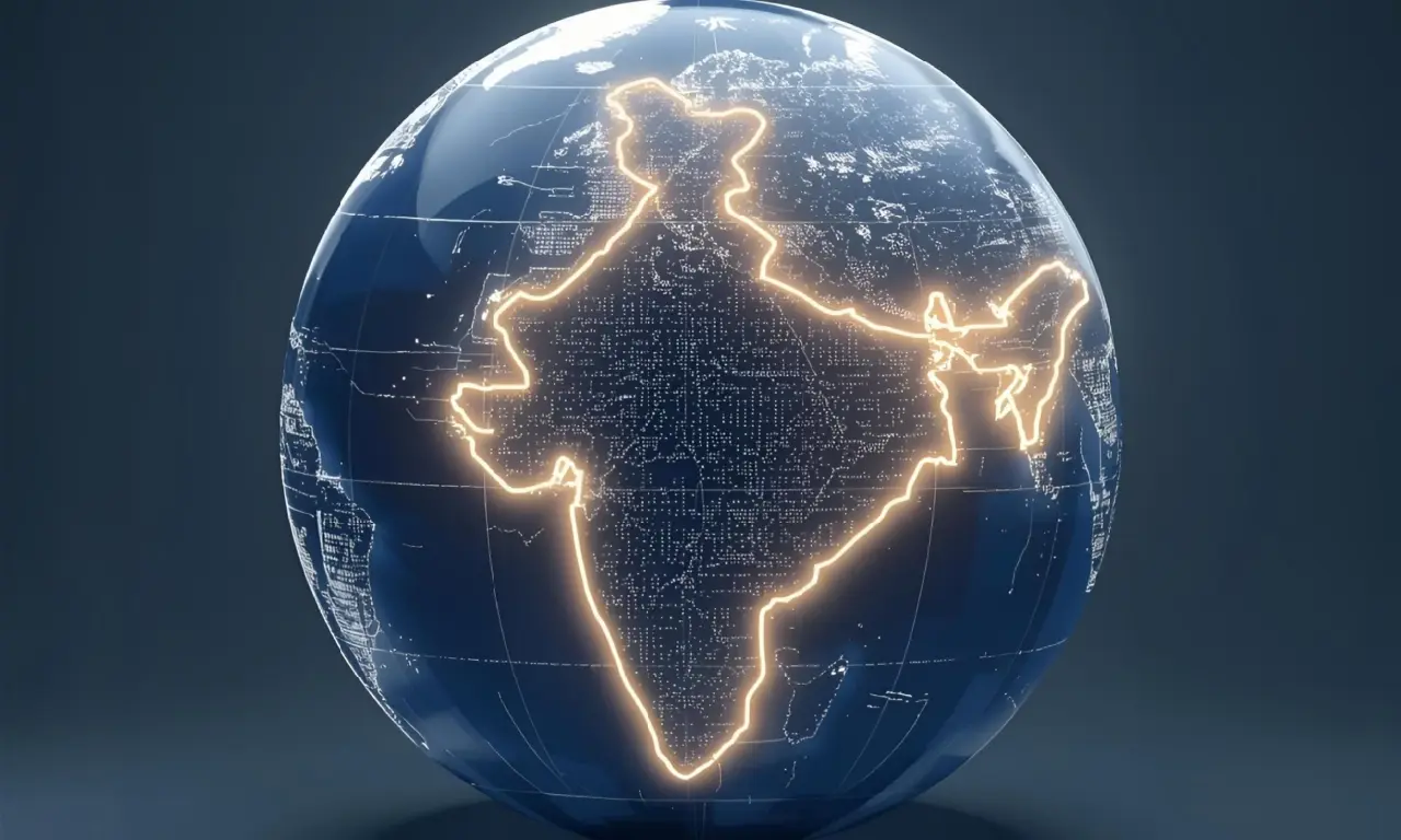 Glowing map outline of India on a digital globe, symbolizing India’s role in global EV retail financing
