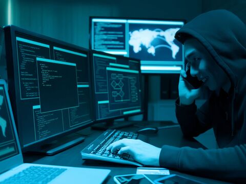 A hacker wearing a hood, sitting in front of multiple computer screens displaying codes and security graphics