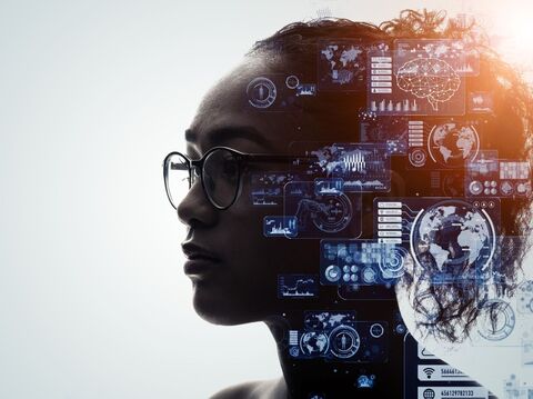 A silhouette of an woman with an overlay of futuristic digital graphics, including global maps and data visualizations, symbolizing the integration of human intellect and advanced technology