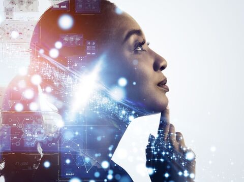 Profile of a woman deep in thought, overlaid with digital and futuristic graphics, symbolizing innovation and technological advancement