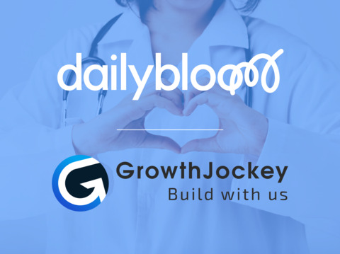 Collaboration logo featuring 'Dailybloom' and 'GrowthJockey' with a heart gesture made by a person in the background, symbolizing partnership