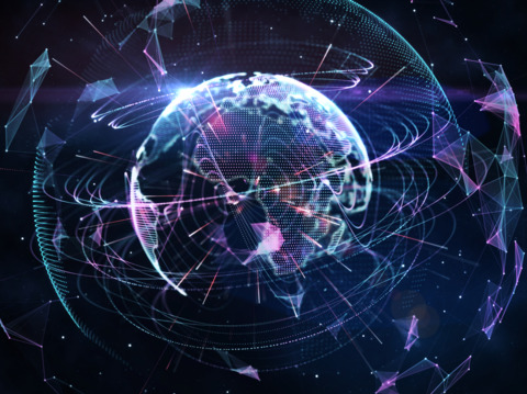 A futuristic rendering of a digital world. A glowing purple globe floats in the center, connected by a network of brightly colored lines and triangles