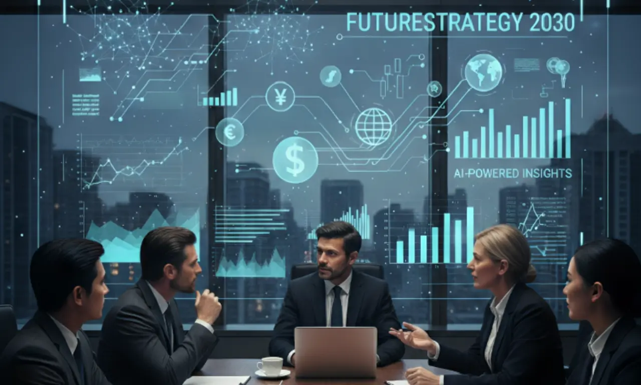 Business executives in a boardroom discussing future finance strategy with digital projections of global markets, AI-powered insights, and financial data for 2030.