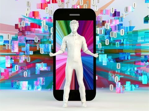 The image features a stylized, digital artwork of a white humanoid figure emerging from a smartphone, set against a colorful backdrop of binary digits and vibrant digital blocks