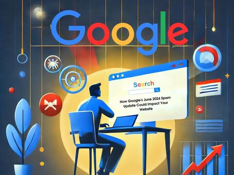 Illustration of a person working at a computer with the Google logo above, depicting elements of web search and analysis, with the text 'How Google's June 2024 Spam Update Could Impact Your Website' on the screen