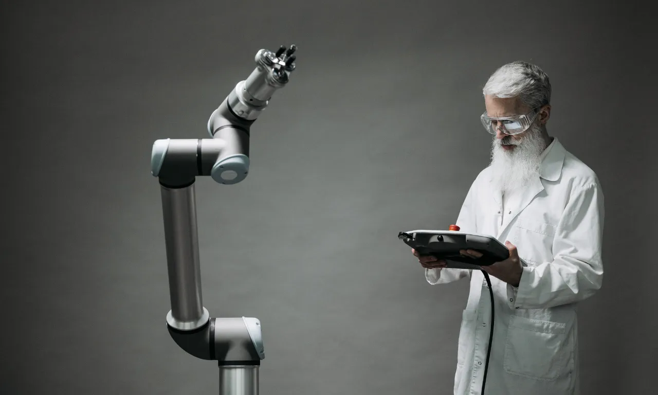 A scientist using a robotic arm to demonstrate how artificial intelligence and automation are transforming the healthcare industry in India.