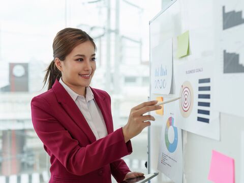 A businesswoman presenting digital analytics on a whiteboard, discussing business goals with colleagues in a modern office