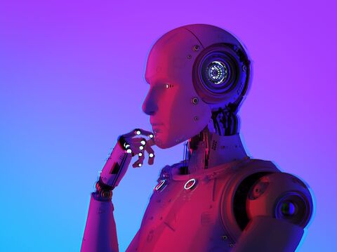 A highly detailed robotic figure with a humanoid head, portrayed in a contemplative pose against a vibrant purple and blue background