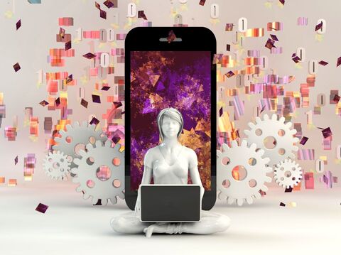 A surreal scene featuring a 3D female avatar sitting cross-legged with a laptop, surrounded by digital gears and colorful data blocks