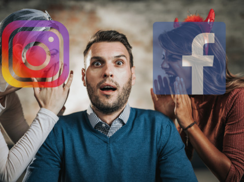 A shocked man with two people holding large Instagram and Facebook icons in front of their faces in a playful setting