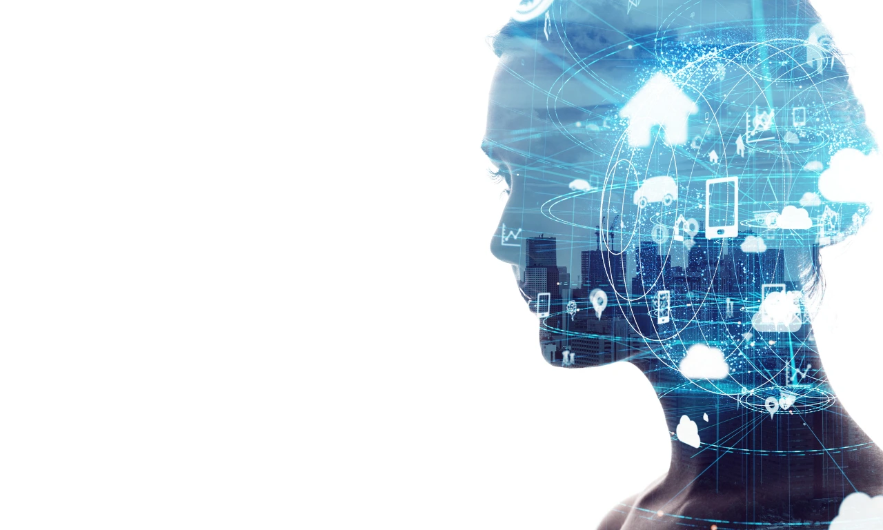 Abstract image of a human profile with digital network icons, symbolising IoT, SaaS, and the digital shift in MedTech