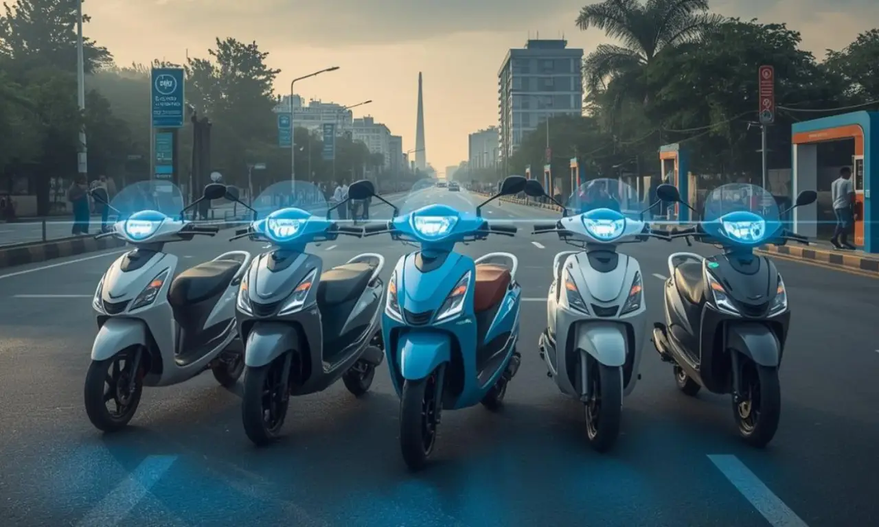 Four modern electric scooters (Ather, Ola, TVS, Bajaj) lined up on a clean urban road in an Indian city at sunrise. Digital overlays show connected features, with a modern cityscape, EV charging, and commuters in the background.