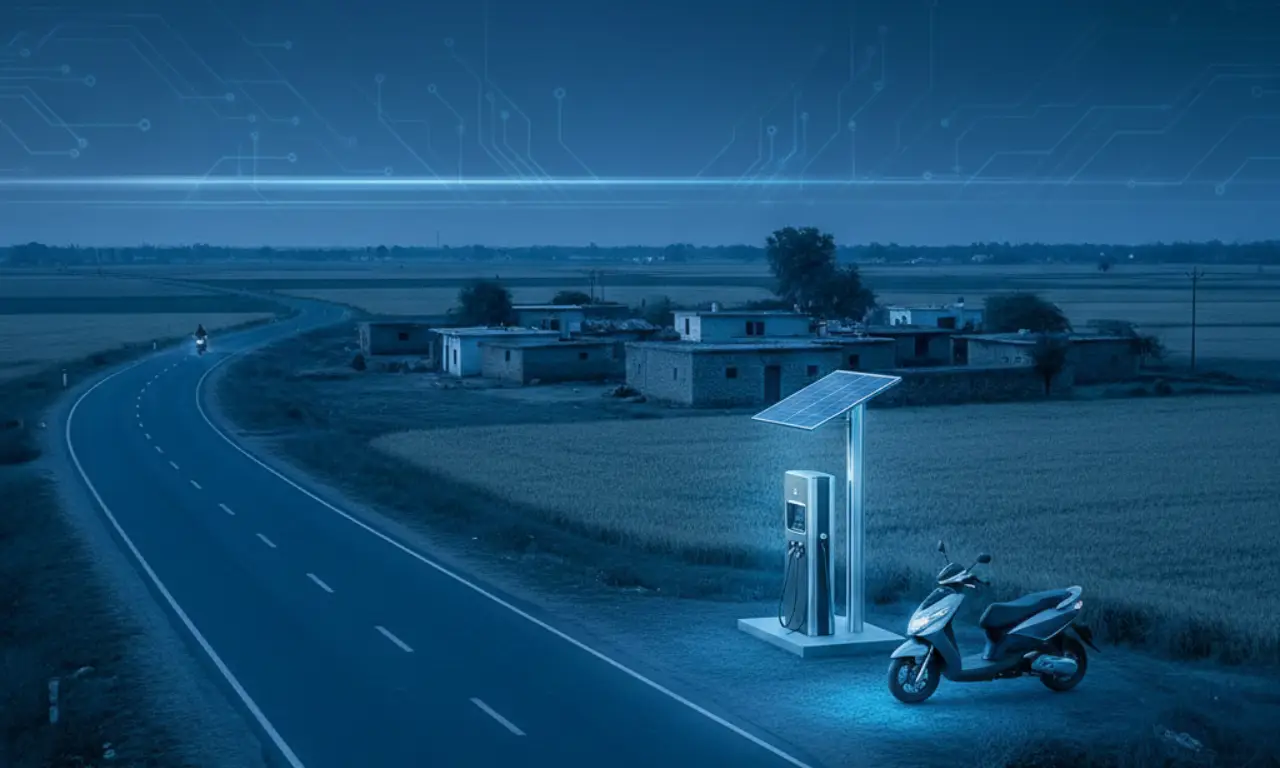 Dusk-Blue Horizon: Electrifying Rural India A dusk-blue rural Indian landscape featuring an electric scooter at a solar charging station, with circuit patterns in the sky, symbolizing technological progress and future-ready mobility.