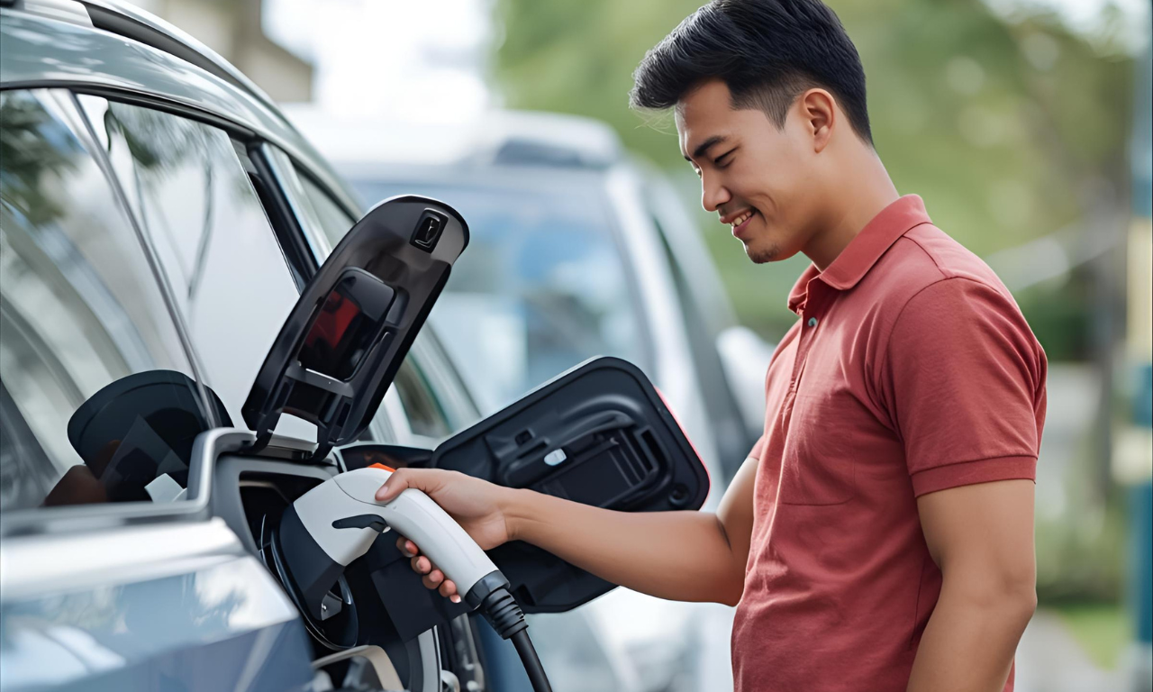 A man in a red polo shirt smiles while plugging a charging cable into an electric car parked outdoors, symbolizing sustainable mobility and clean energy adoption.