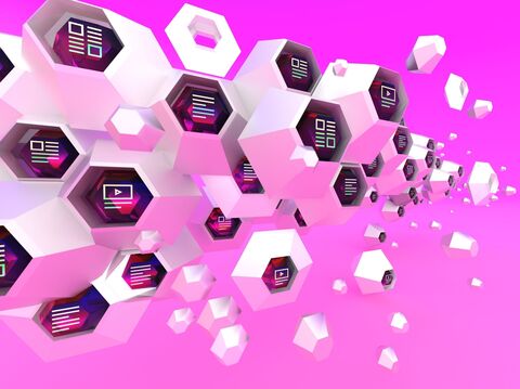 A group of purple hexagon shapes with white centers on a pink background