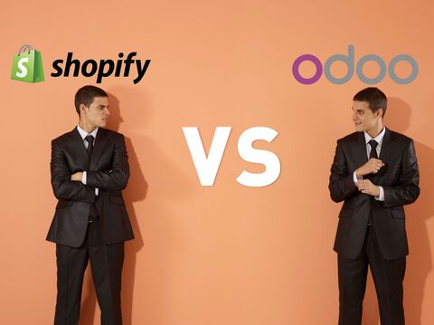 Two businessmen representing Shopify and Odoo in a stylized versus setup