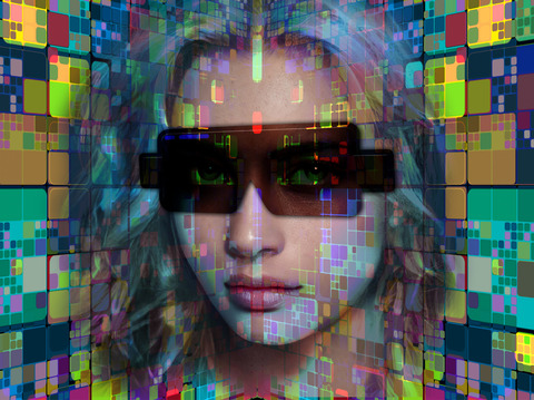 Woman with cyberpunk glasses, surrounded by vibrant digital blocks and neon lights