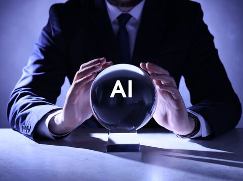 A businessman in a suit, holding a crystal ball labeled 'AI'