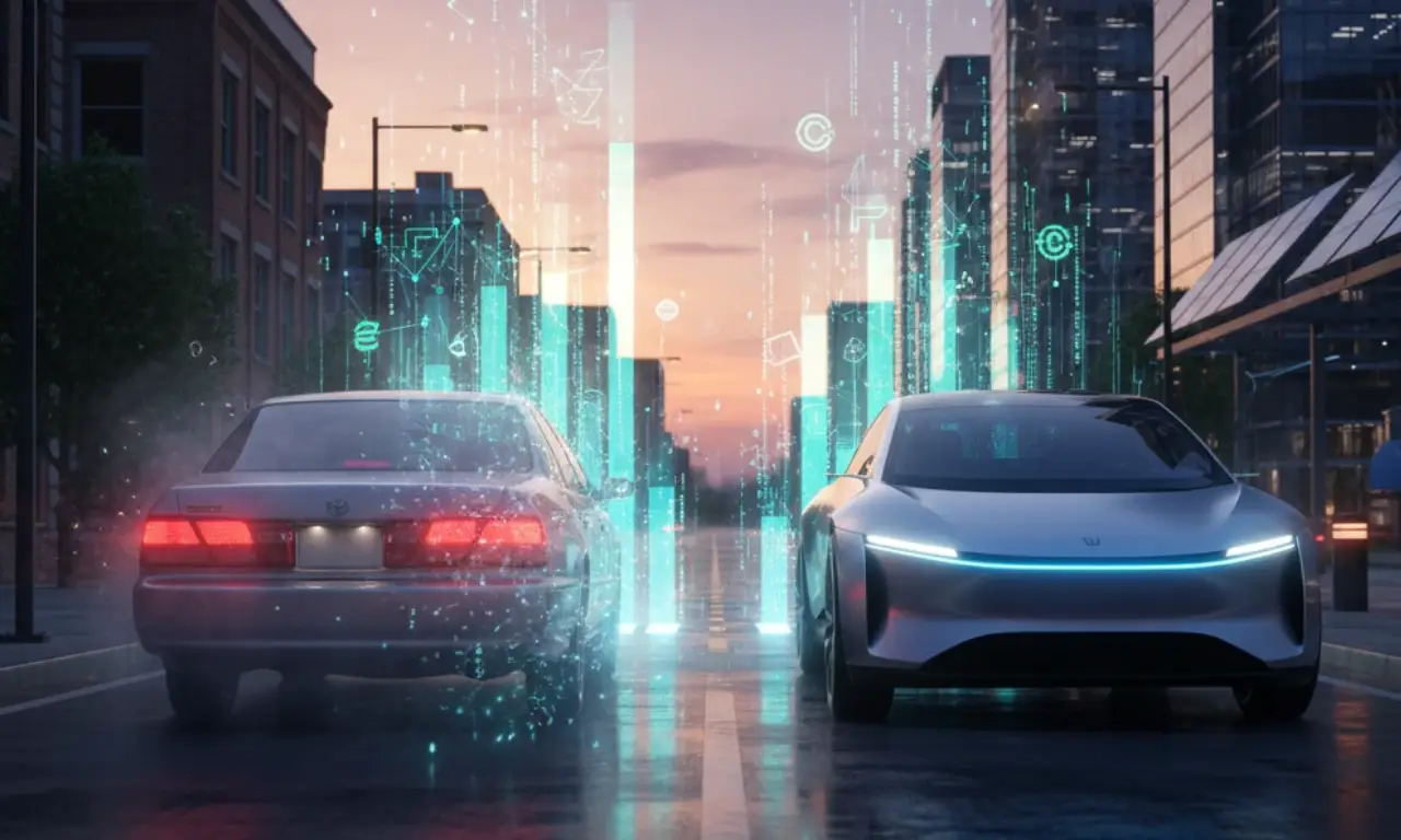 A futuristic electric car with glowing digital overlays driving alongside a traditional petrol car on a city street, symbolizing the shift from conventional vehicles to smart, connected EVs.