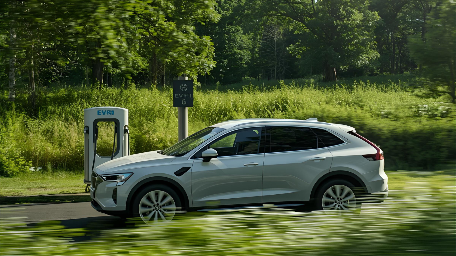 Electric SUV charging at a station surrounded by lush greenery, symbolizing clean and eco-friendly transportation