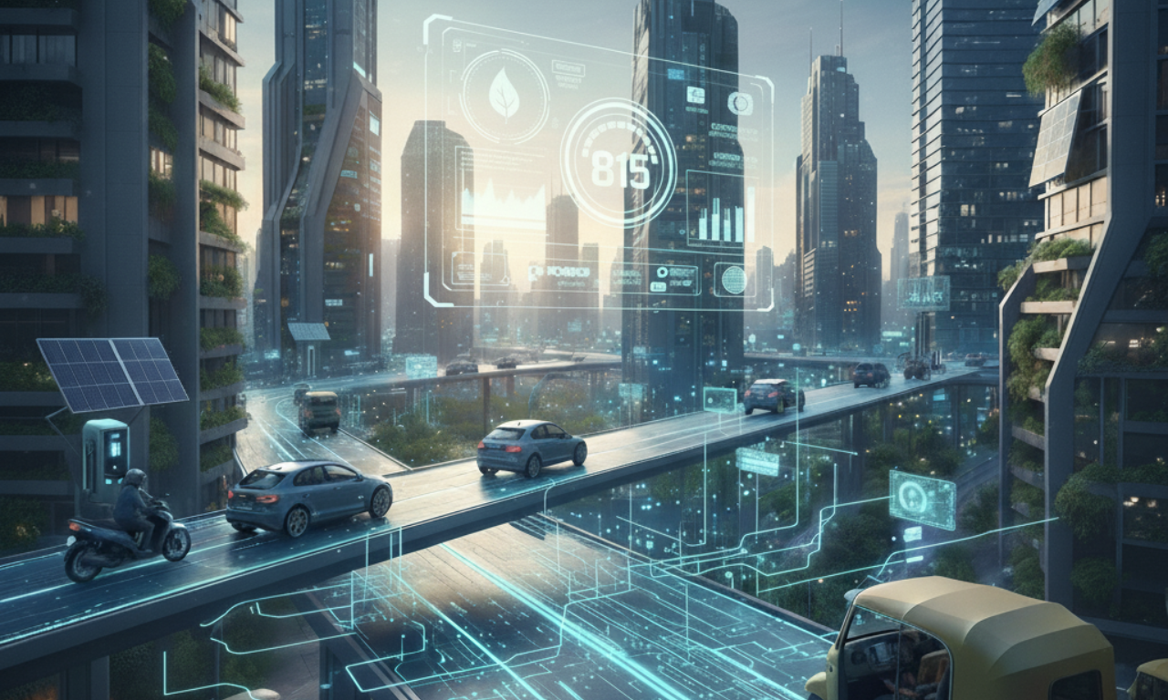 Futuristic Indian city with glowing smart roads, EVs, and a large holographic padlock representing financial inclusion. A dashboard above shows a credit score meter and green energy data, symbolizing AI enabling EV access.