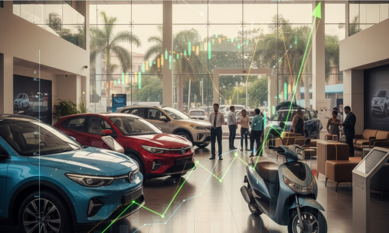 EV showroom with financing growth visuals