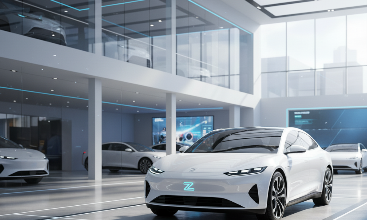 A white electric car is parked in a bright, modern dealership showroom. Other EVs are visible in the background. The dealership has large windows and clean lines.