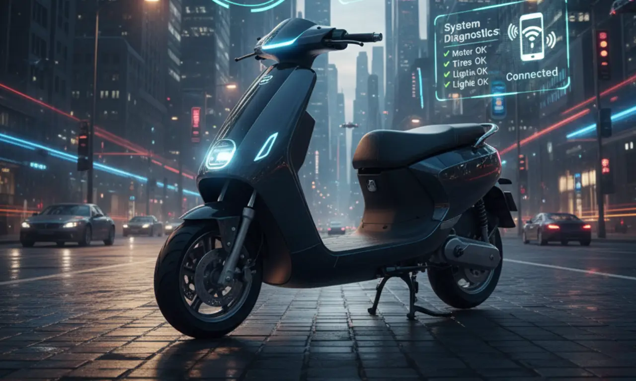 Futuristic electric scooter parked on a wet city street with digital diagnostics hologram showing connection status.