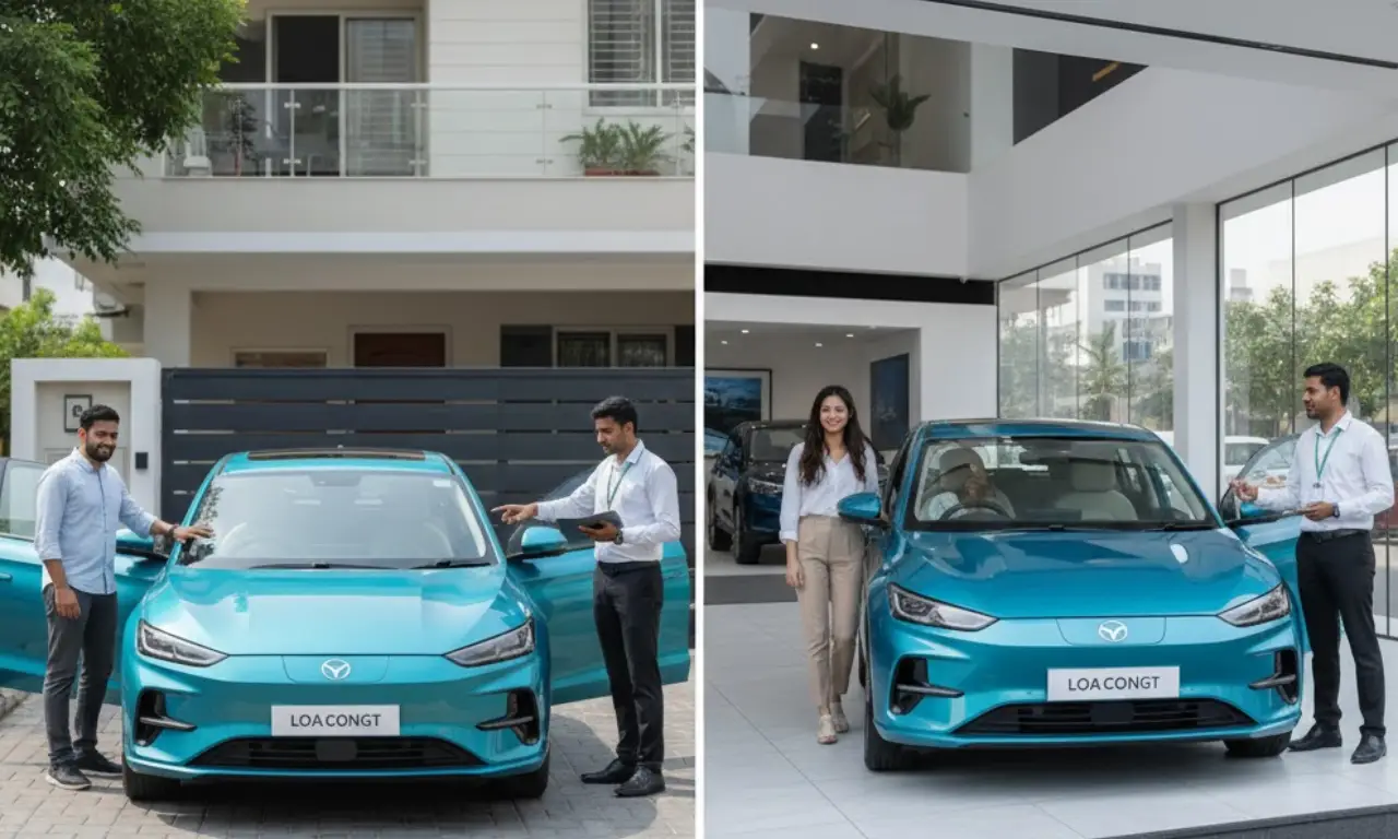 A split-composition image showing an electric vehicle ready for a test ride outside a residential home on the left, and the same model parked at a dealership entrance on the right, illustrating convenient booking options for customers.