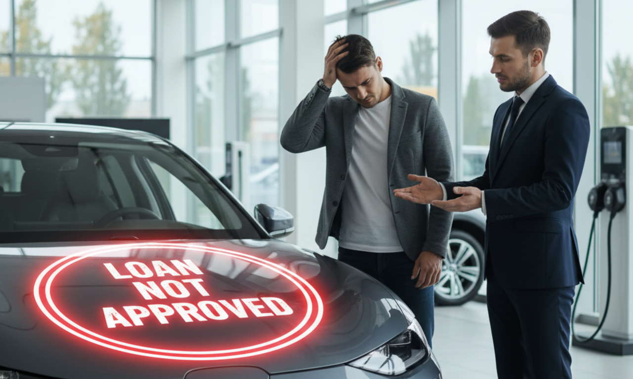 A man looks worried beside a EV car with a “Loan Not Approved” sign, while a salesman explains the situation in a car showroom.