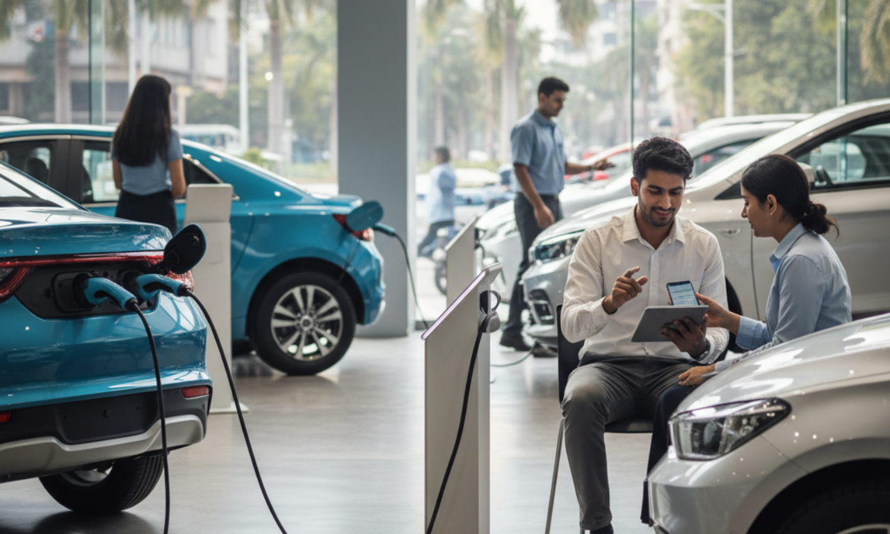 Salesperson and customer discussing an Electric Vehicle (EV) loan in phone