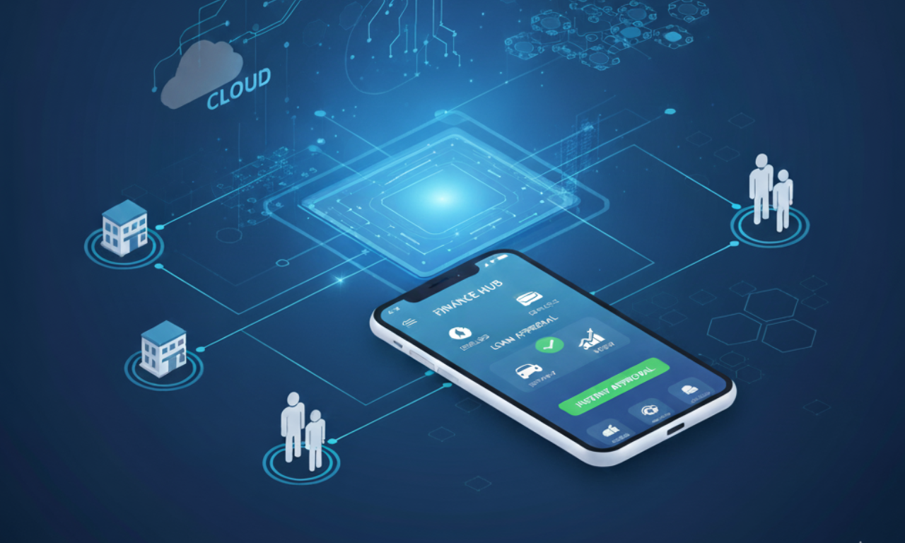 A smartphone displays a "Finance Hub" app. It's connected to cloud services, AI, dealerships, and customers. The background is a glowing blue digital network.