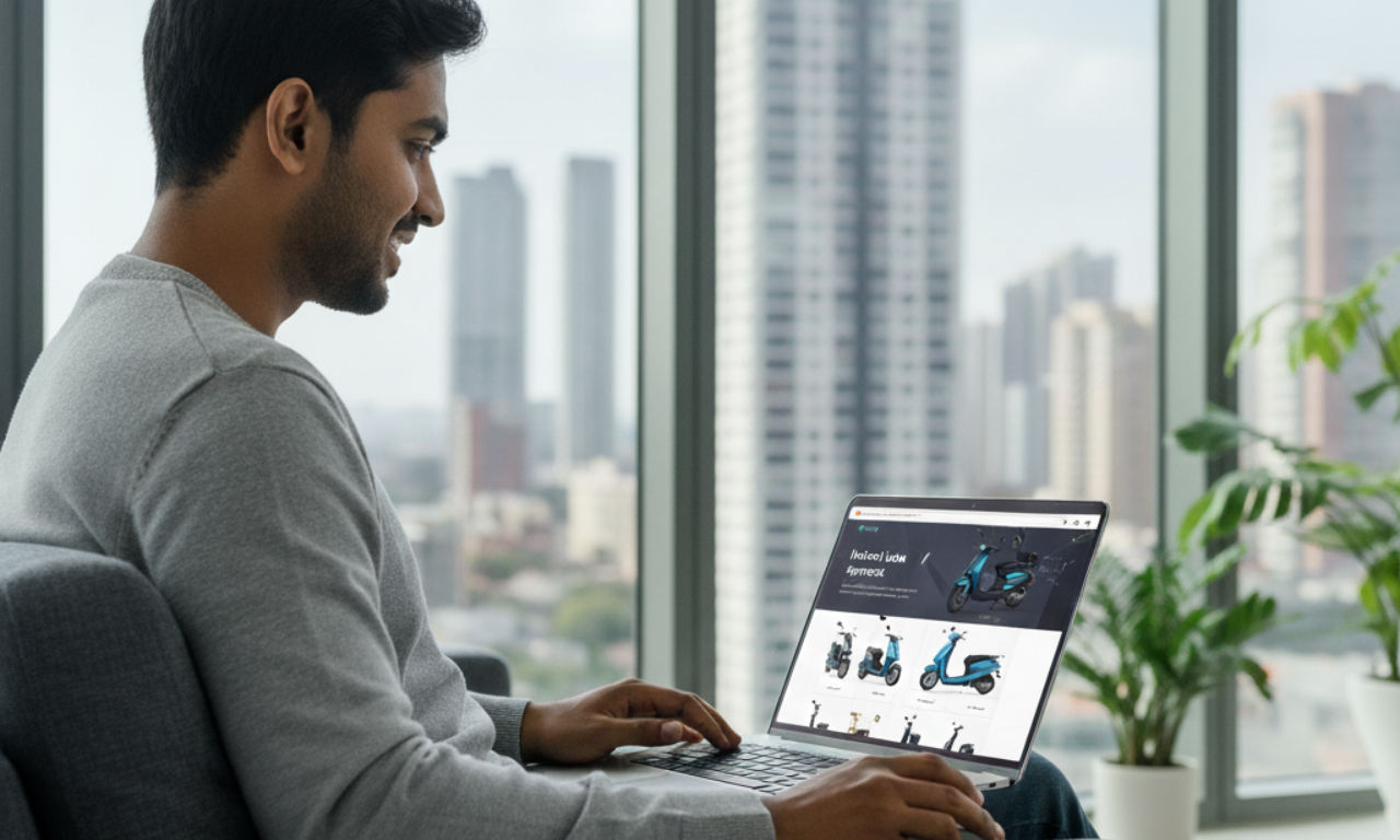 A man sitting by a window uses his laptop to browse electric scooters on an e-commerce website, symbolizing the digital transformation of EV retail and financing in India.