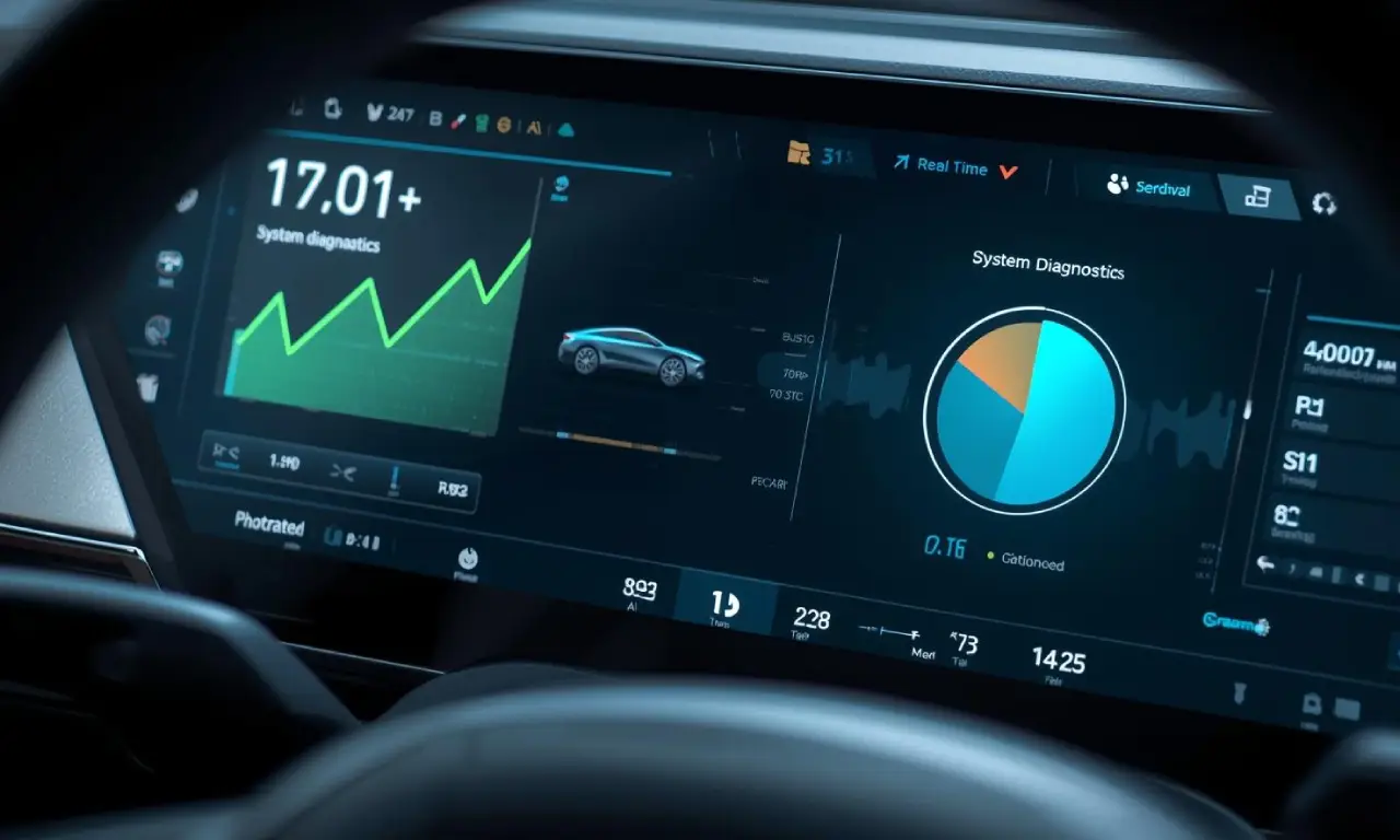 Close-up of a modern car dashboard showing system diagnostics with graphs and pie charts on a digital display.