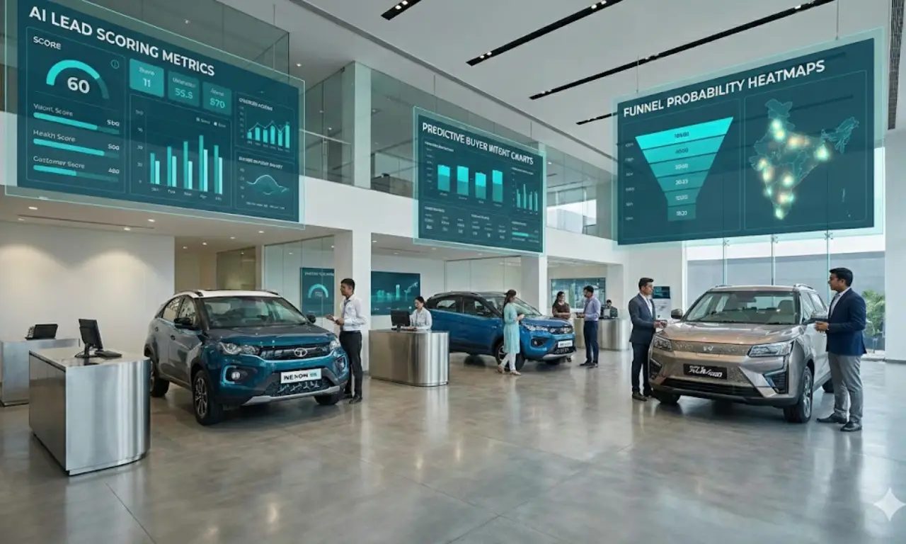 Modern Indian EV showroom interior featuring electric vehicles, staff assisting customers.