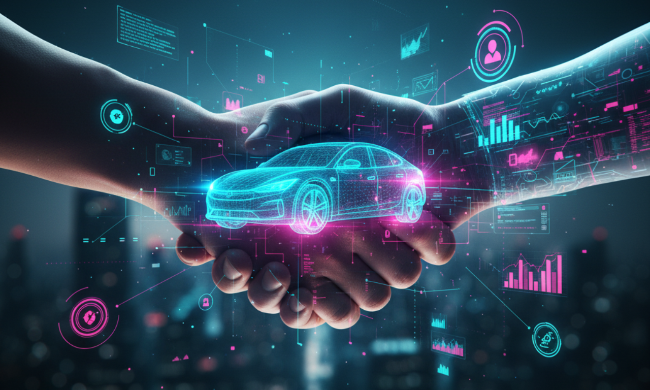 wo hands shaking with a holographic car projected between them, surrounded by glowing data interfaces and analytics icons representing innovation, digital transformation, and AI-driven collaboration in the automotive industry.