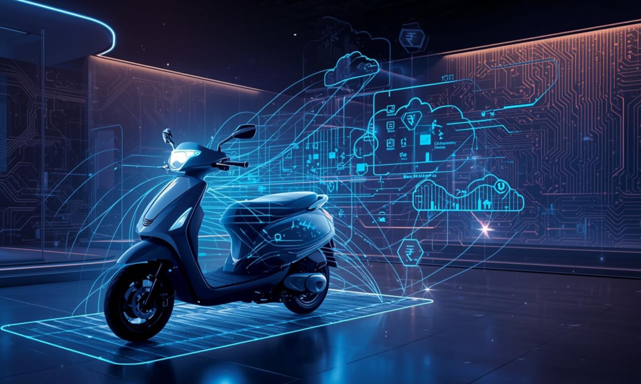 A sleek electric scooter in a futuristic showroom is surrounded by glowing digital lines, holographic financial icons, and subtle Rupee symbols, representing the seamless fusion of electric mobility and digital fintech.