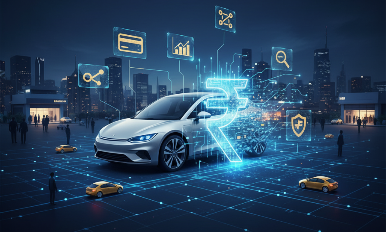 A sleek electric vehicle transforms into a glowing digital Indian Rupee symbol, surrounded by financial analytics icons and connected dealership networks, illustrating the shift of automakers into financial powerhouses in the EV market.