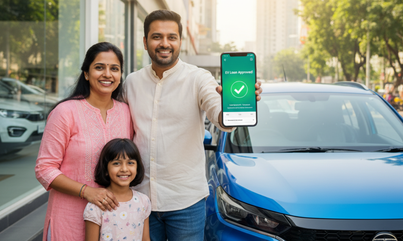 A smiling Indian family stands next to a blue electric car. The father holds a phone showing "EV Loan Approved." They are outside a dealership on a sunny day.