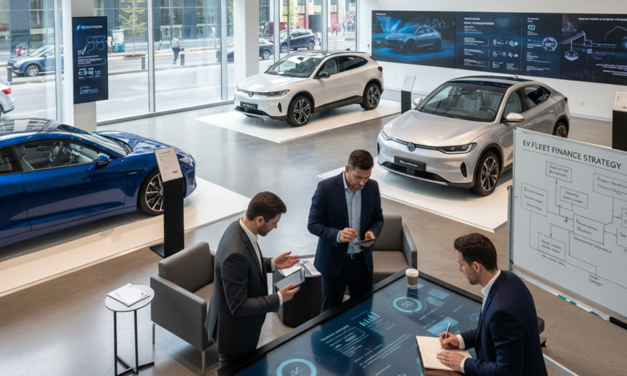 Four business professionals discuss electric vehicle financing strategy inside a modern EV showroom, surrounded by cars, digital dashboards, and strategy boards.