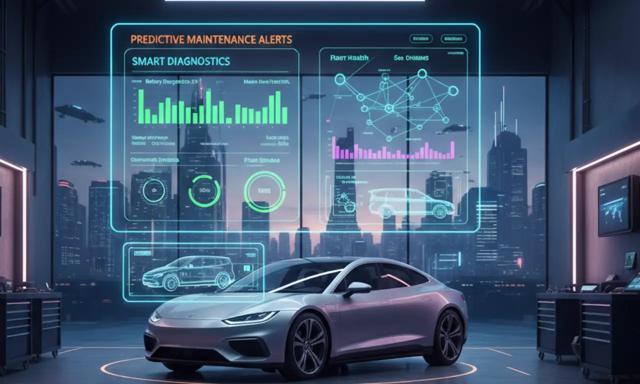 Futuristic electric car in a smart diagnostics lab with digital dashboards showing predictive maintenance and analytics data.