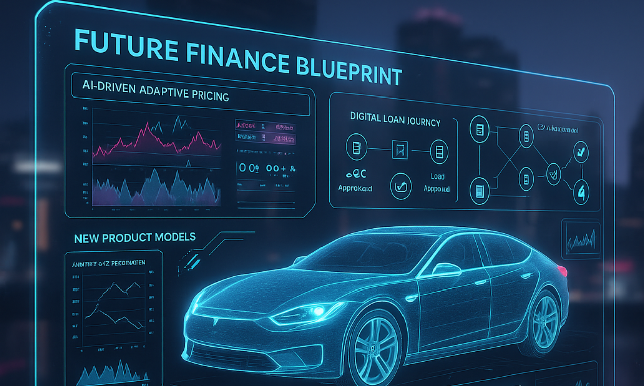 AI-Driven Future Finance Blueprint for Digital Auto Loans and Adaptive Pricing Futuristic digital dashboard showing a holographic car with analytics panels labeled “AI-Driven Adaptive Pricing,” “Digital Loan Journey,” and “New Product Models,” illustrating next-generation automotive finance technology and AI-powered loan systems.