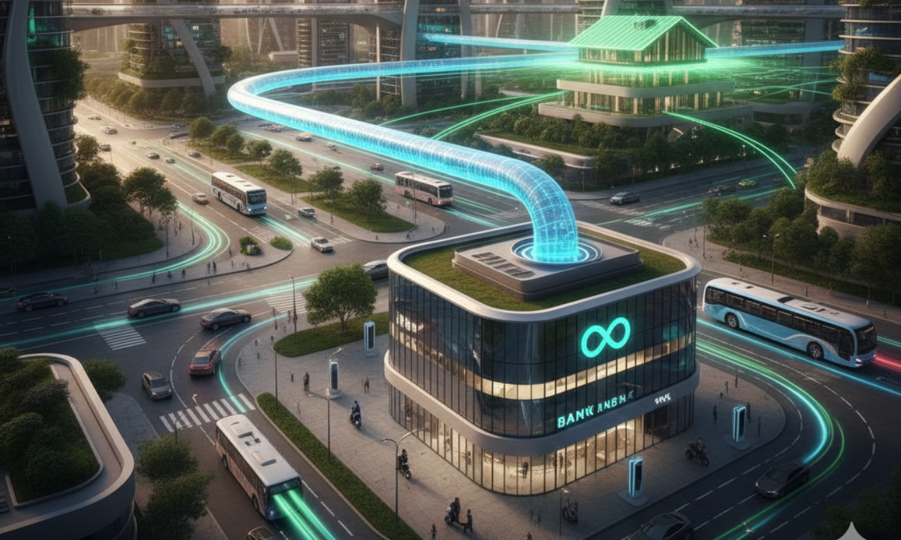  Futuristic Indian city: Finance Institution powers , which then powers EVs, symbolizing sustainable finance.