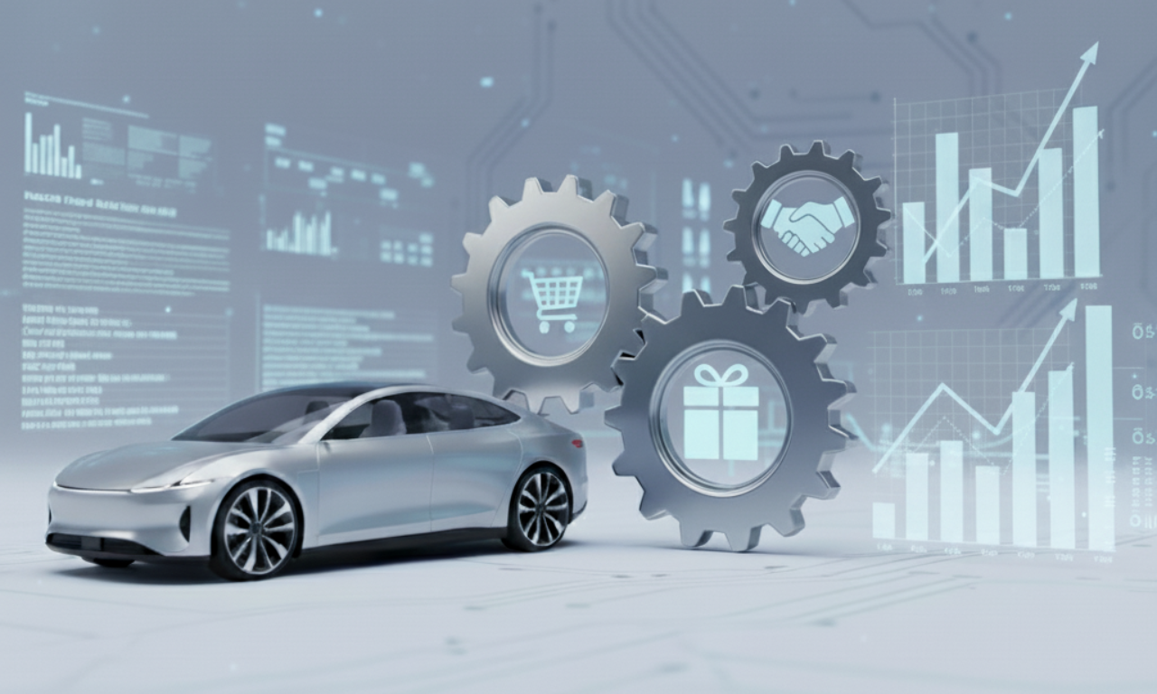  Interconnected gears representing Buy Bundle Partner strategy in EV finance