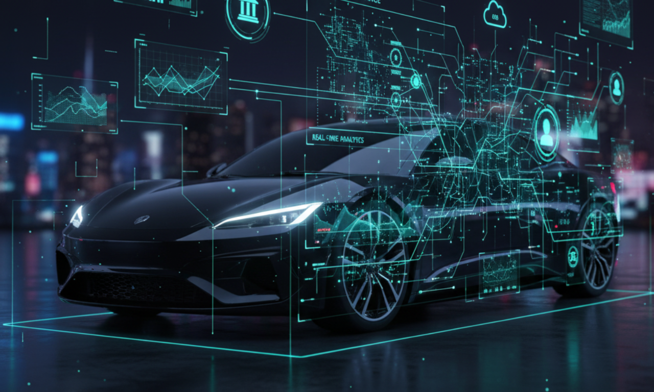 A black electric car has glowing blue digital financial interfaces projected over it. These show "AI-Powered Finance" and "Real-Time Analytics."