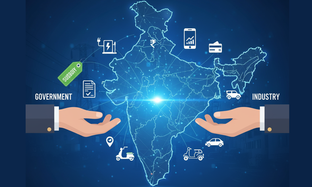 A digital map of India depicting the collaboration between government and industry for EV growth, featuring icons of subsidies, charging, digital payments, and vehicles.