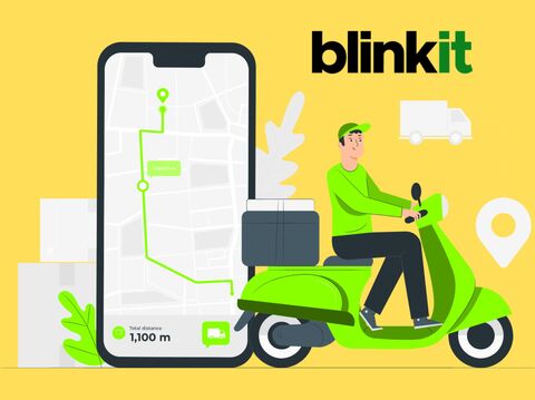 Illustration of a delivery rider on a green scooter with a smartphone map showing a delivery route, alongside the Blinkit logo