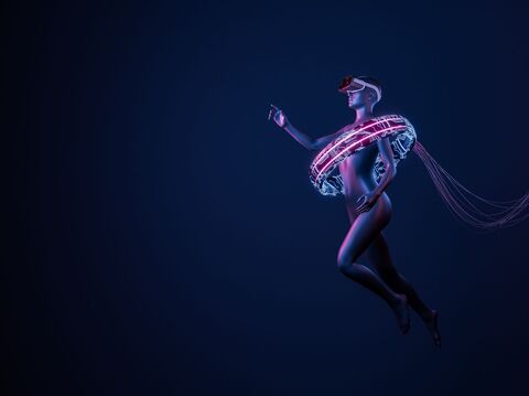 Woman in a futuristic virtual reality setup, dancing with illuminated gear