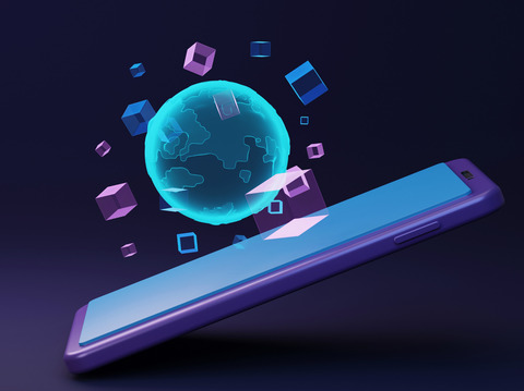 A vibrant illustration featuring a holographic 3D globe emerging from a smartphone screen with floating geometric shapes on a dark background