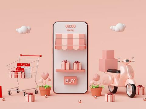 A whimsical 3D digital art illustration depicting a mobile phone with elements of an e-commerce store setup, including a scooter, gift boxes, and shopping cart on a pink background